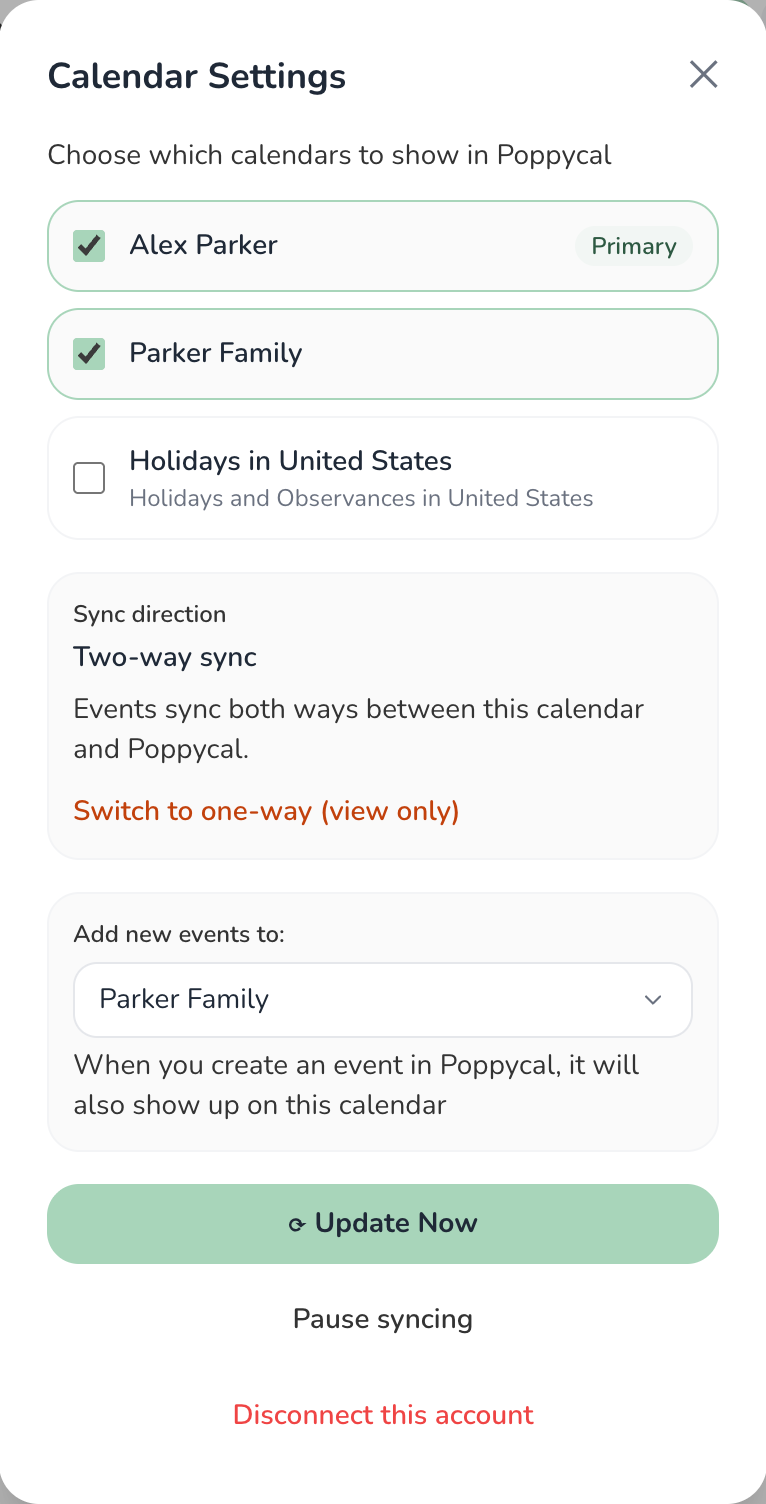 Calendar Settings for a Google account. Two of three calendars are ticked, one marked Primary. Below are the sync direction, set to two-way, an Add new events to menu set to Parker Family, and buttons for Update Now, Pause syncing, and Disconnect this account.