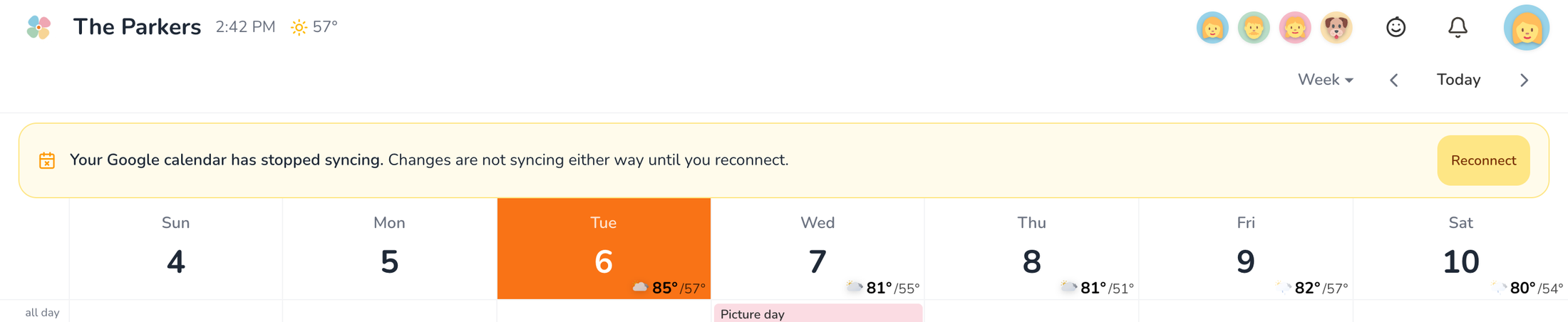 The top of Poppycal's week view with a yellow banner reading: Your Google calendar has stopped syncing. Changes are not syncing either way until you reconnect. A Reconnect button sits at the right end of the banner.