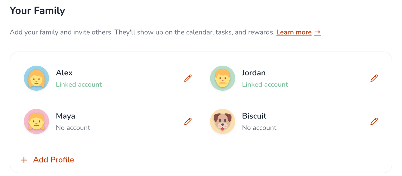 The Your Family section listing four profiles: Alex and Jordan, each marked Linked account, and Maya and a dog named Biscuit, each marked No account. An Add Profile link sits below them.