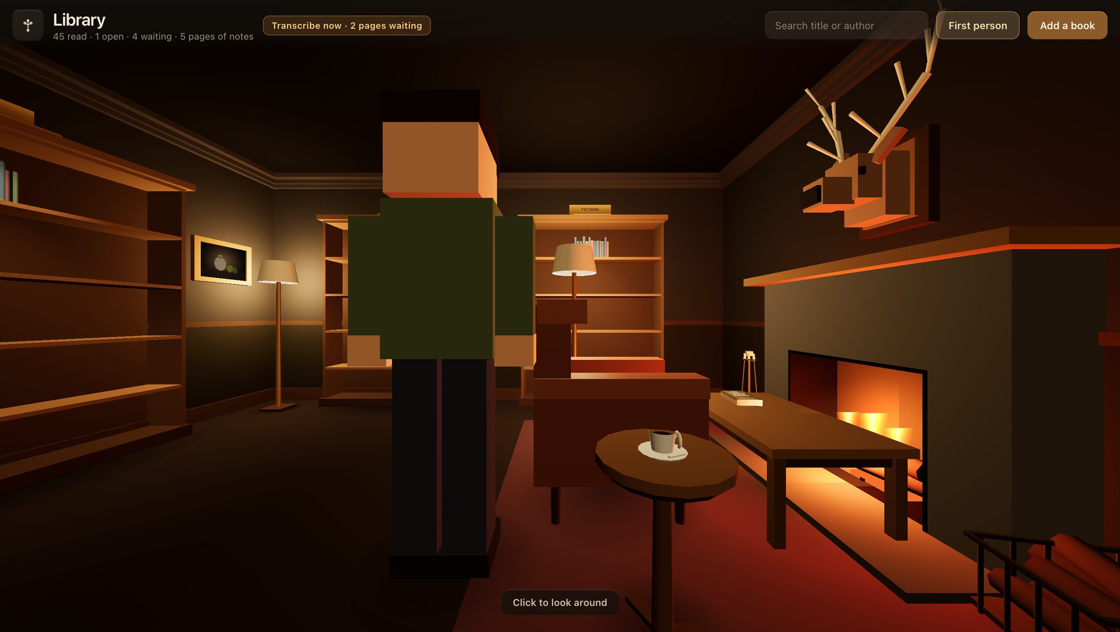 A dark, low-lit 3D library seen over the shoulder of a blocky figure. A fire burns in a stone hearth on the right, a reading chair and coffee table sit in front of it, and bookcases line the walls.
